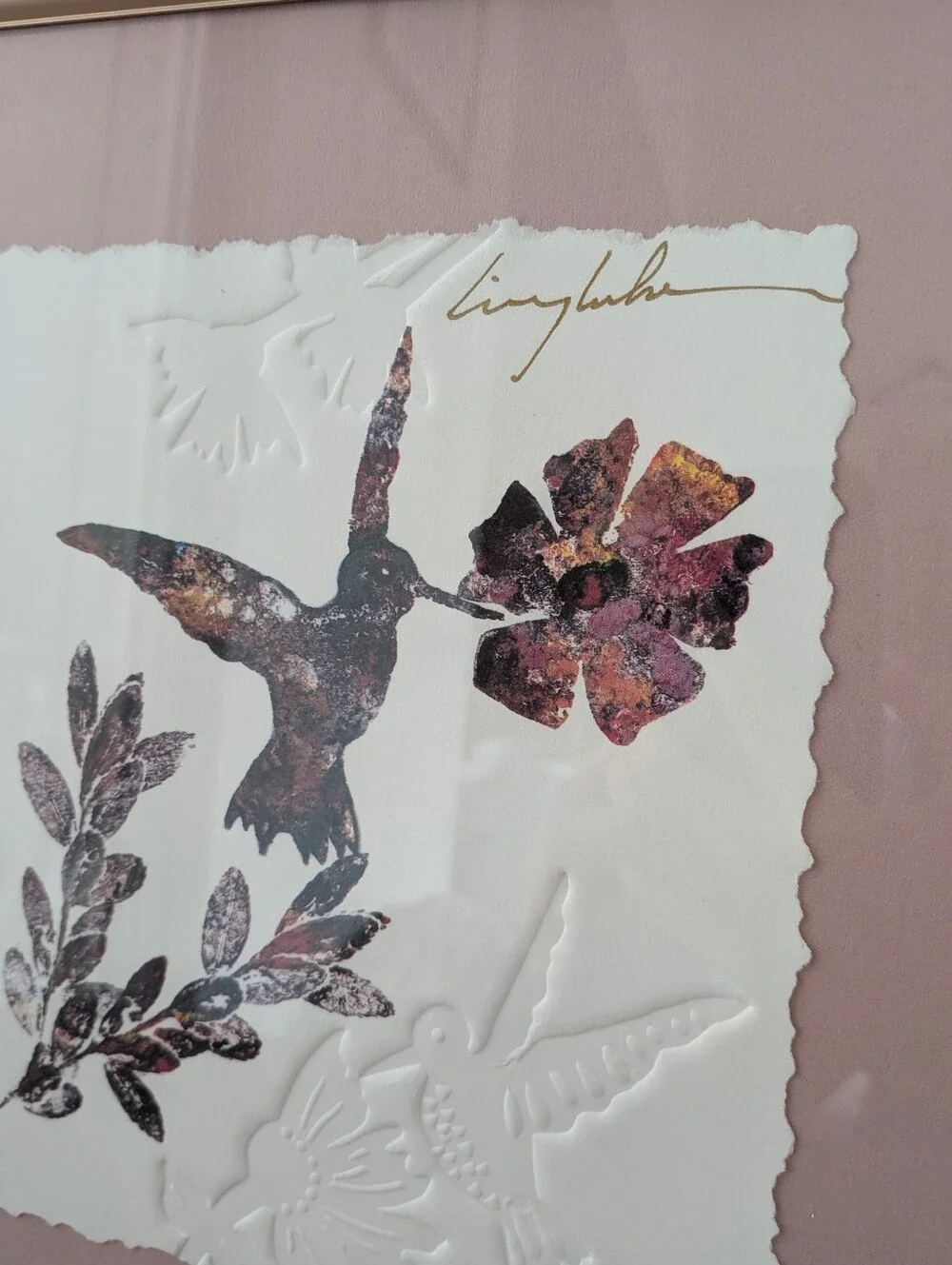 King Kuka Embossed Lithograph Hummingbird Framed Matted 12.25